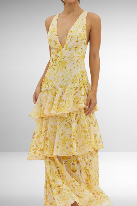 Maria | Kvinders elegant blomster maxi-kjole med lagdelt design