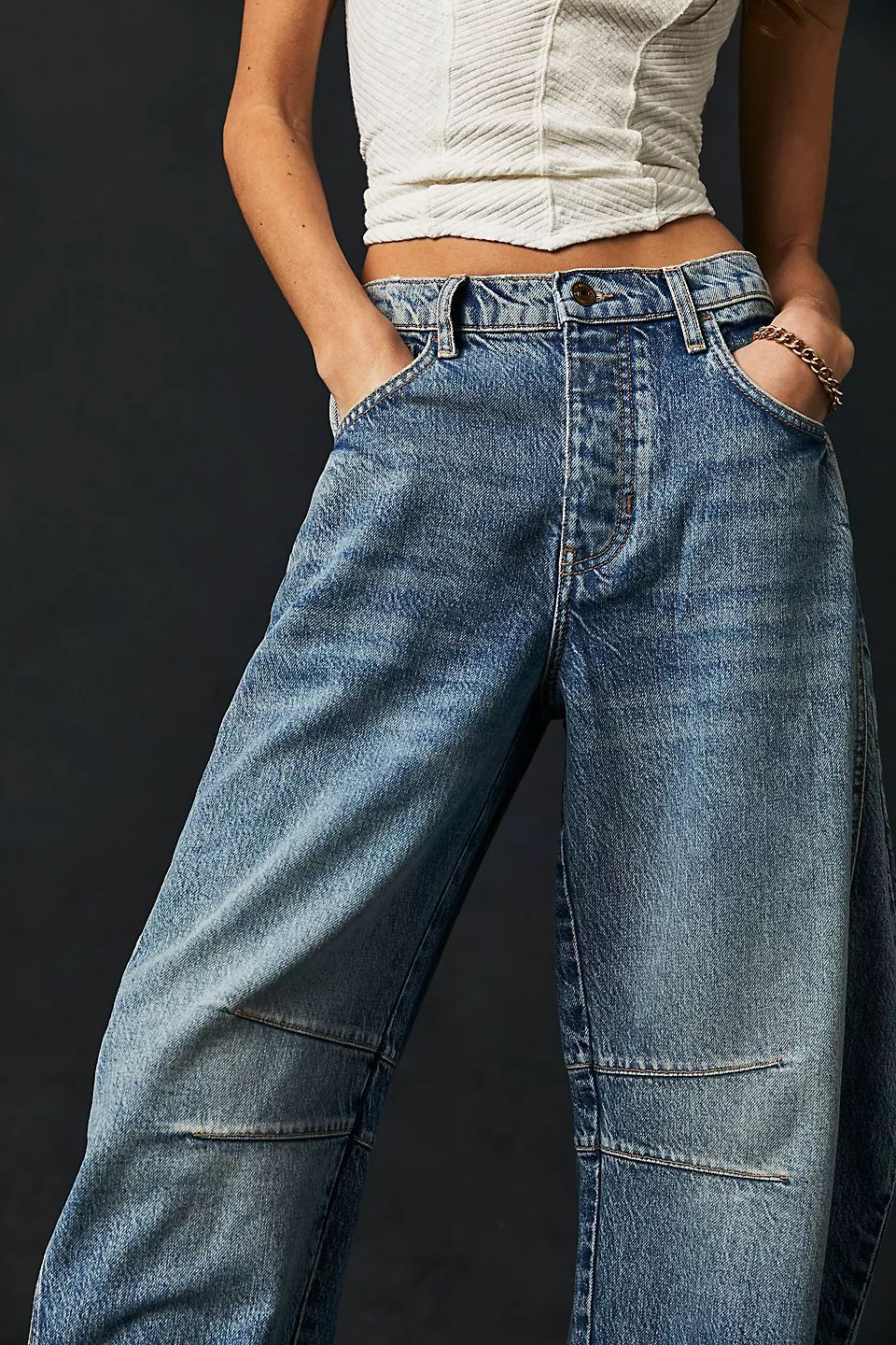 High-Stretch Mid-Rise Barrel Jeans-MODAUTLET