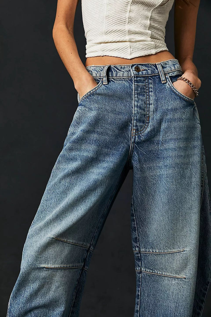 High-Stretch Mid-Rise Barrel Jeans-MODAUTLET