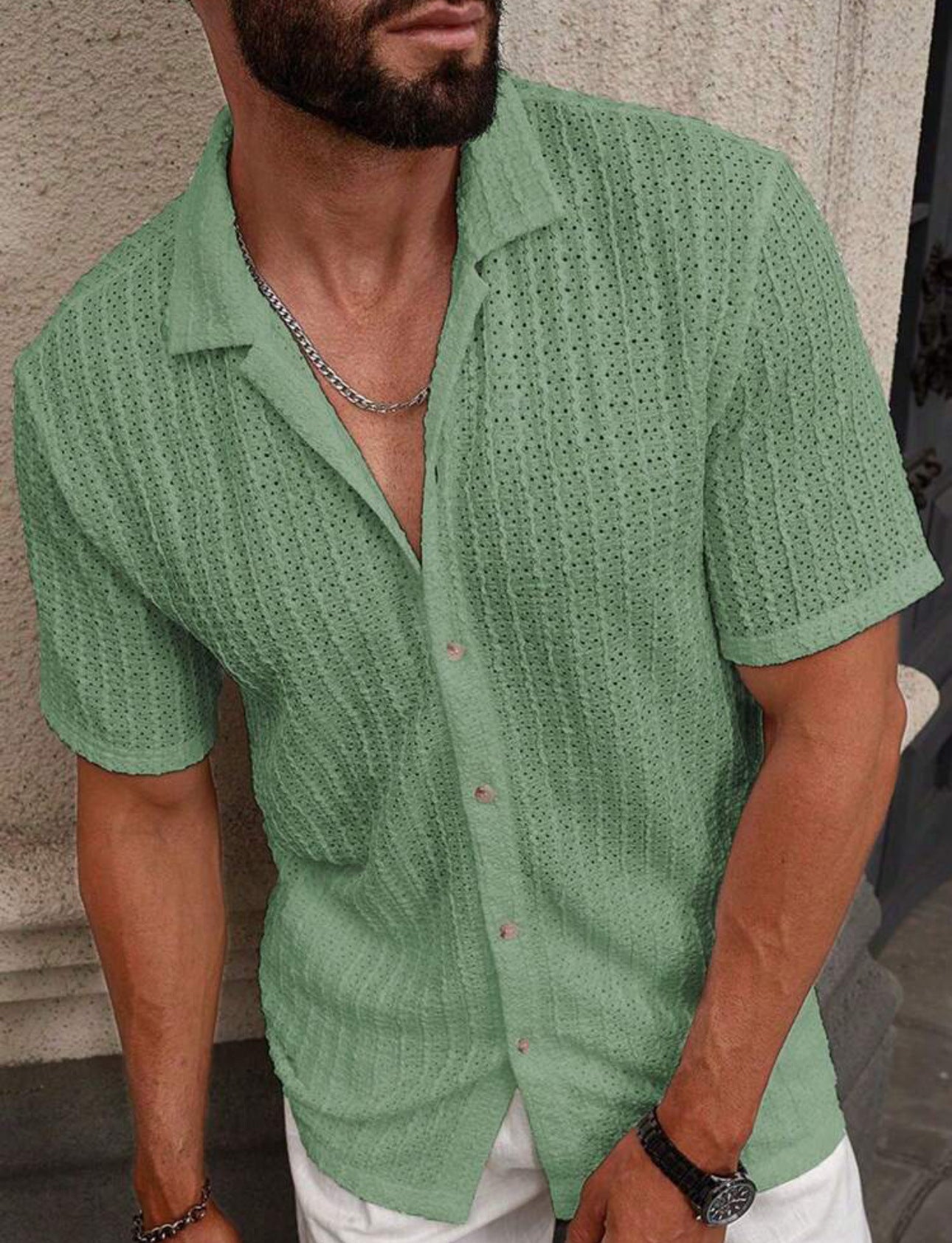 Men's Slim Fit Short Sleeve Casual Shirt For Everyday Wear Light Green