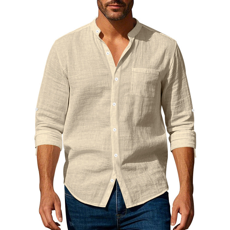 Men’s Stand‑Collar Long‑Sleeve Shirt with Pockets Khaki