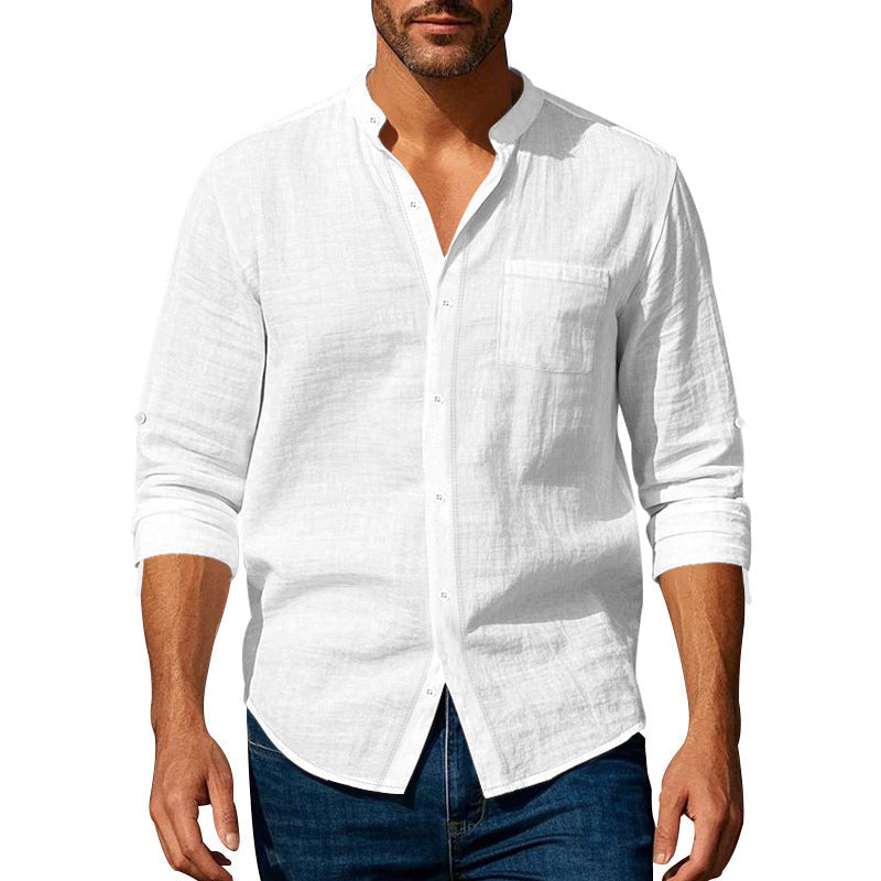 Men’s Stand‑Collar Long‑Sleeve Shirt with Pockets White