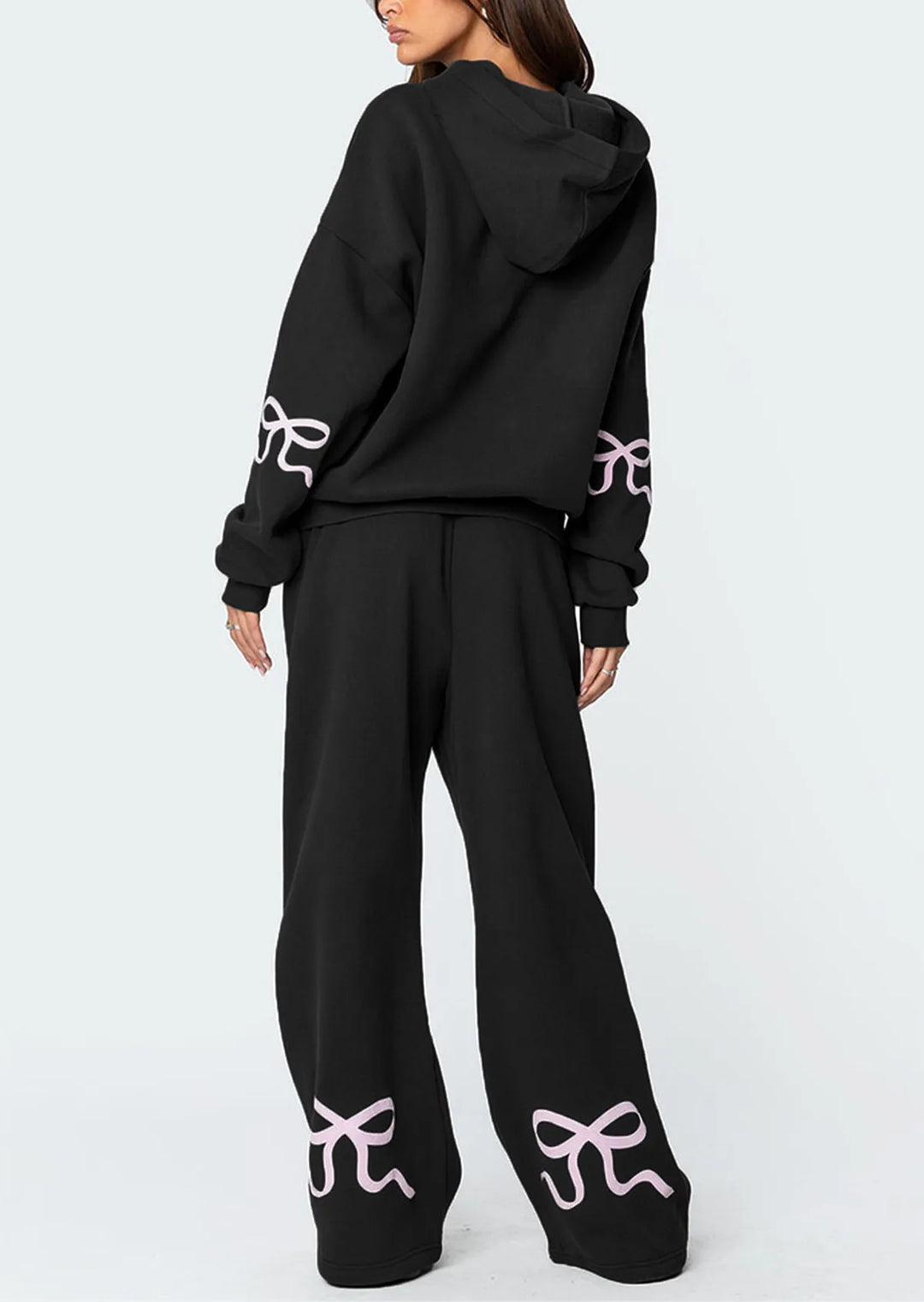 Women’s 2-Piece Bow Print Hoodie & Wide Leg Pants Set-MODAUTLET