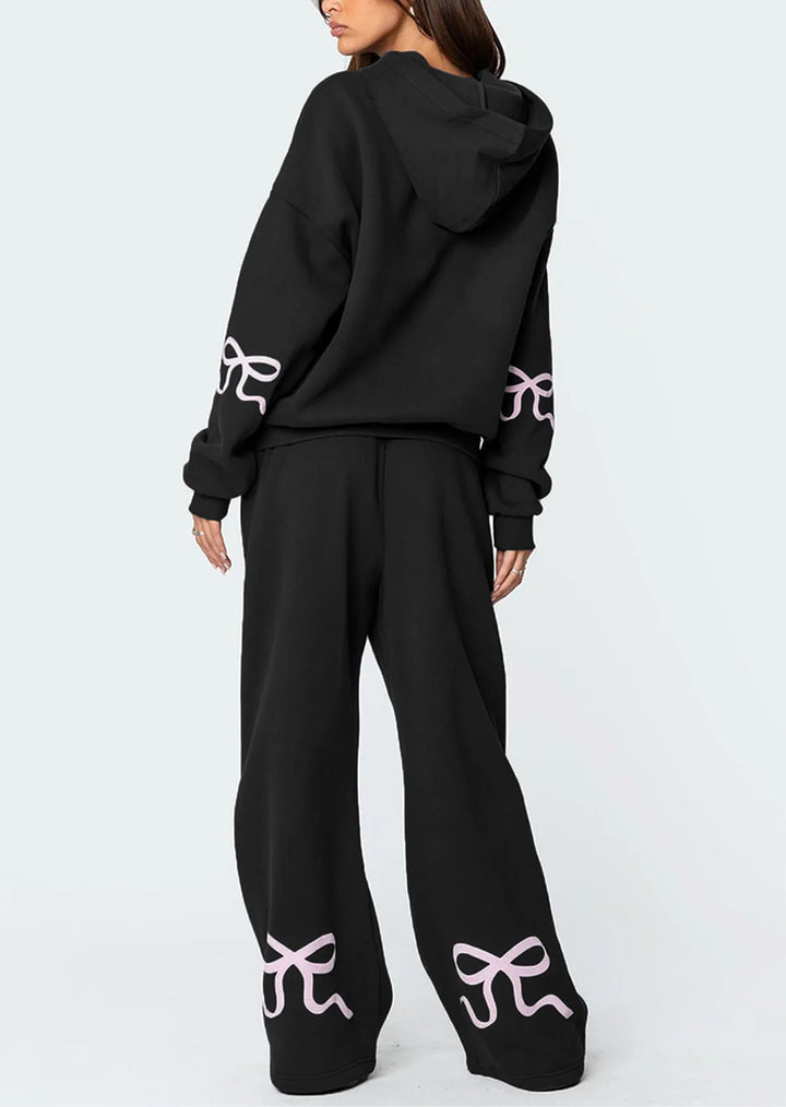 Women’s 2-Piece Bow Print Hoodie & Wide Leg Pants Set-MODAUTLET