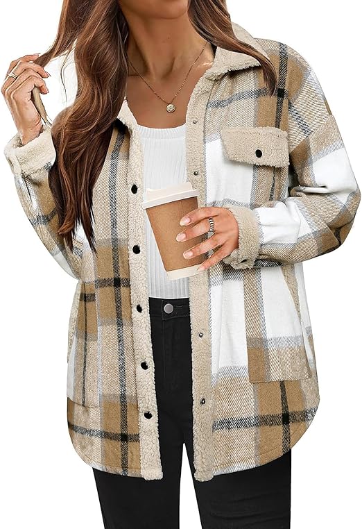 Cozy Plaid Fleece Jacket for Women Khaki