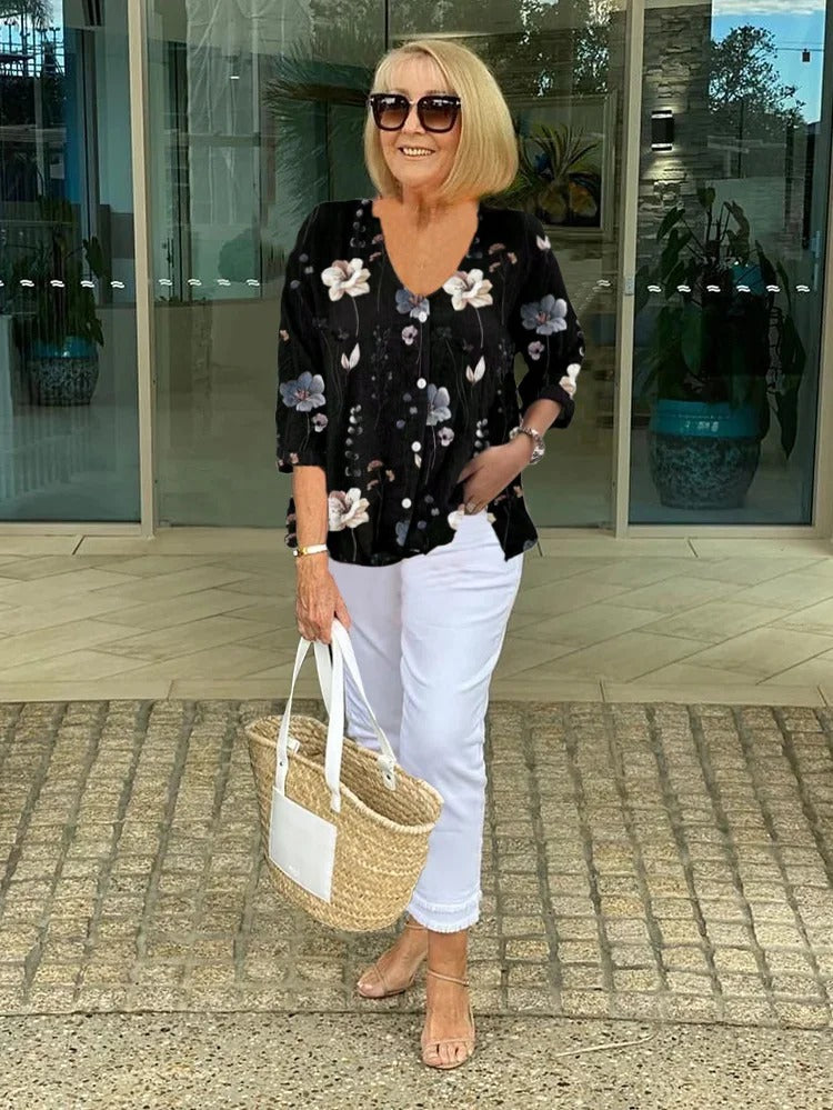 Women's Floral Vintage French Blouse Black