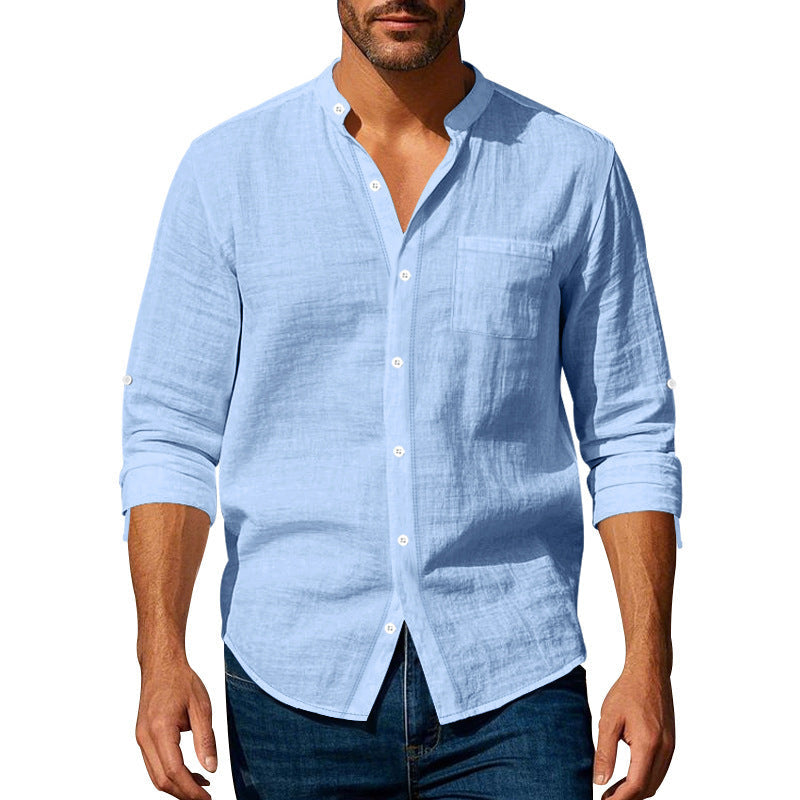 Men’s Stand‑Collar Long‑Sleeve Shirt with Pockets Light Blue