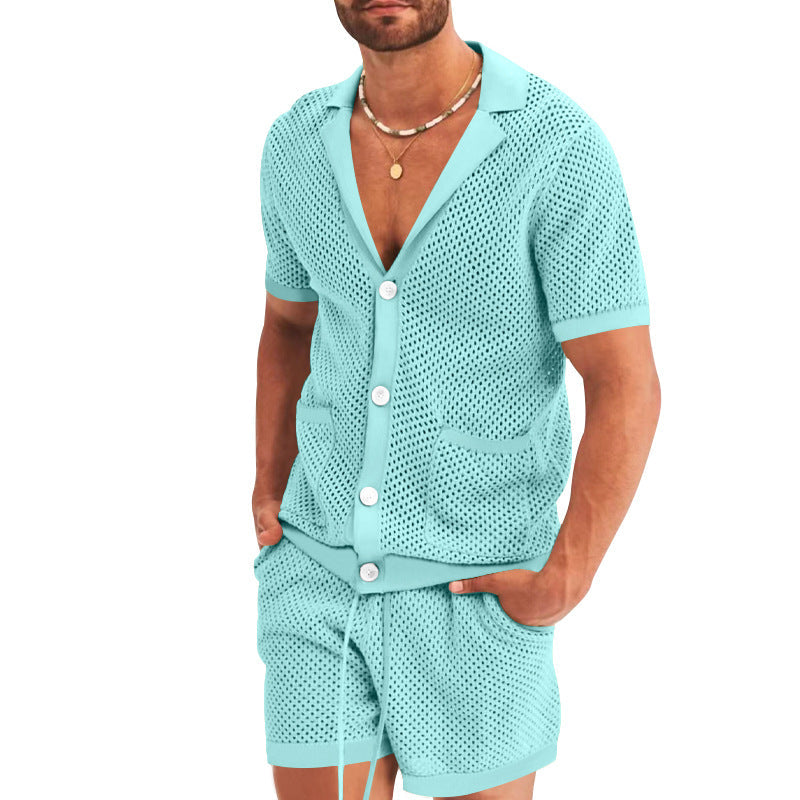 Men's Summer Hollow Short Sleeve Shirt And Shorts Set Blue