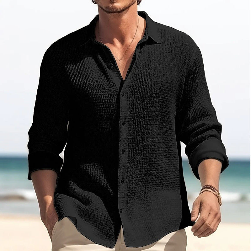 Mens Lapel Long Sleeve Shirt Solid Dress Casual Top Black