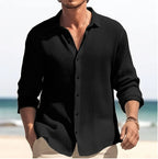 Mens Lapel Long Sleeve Shirt Solid Dress Casual Top Black