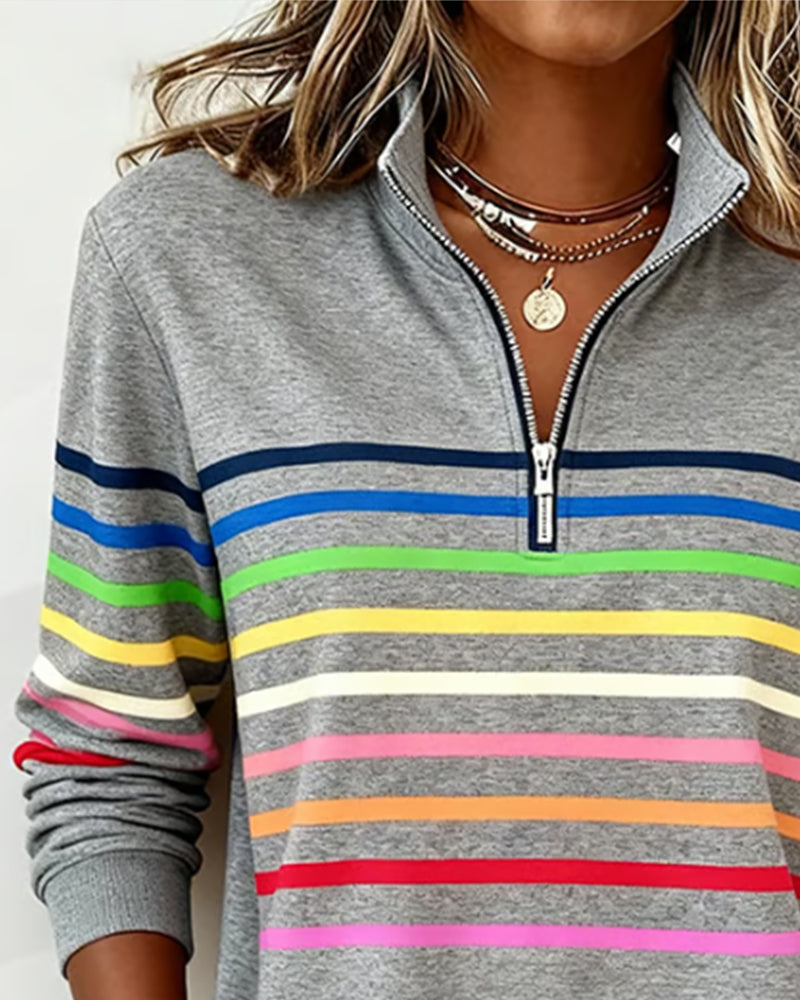 Arcadia | Sweat-shirt pour femme avec demi-fermeture éclair et rayures arc-en-ciel