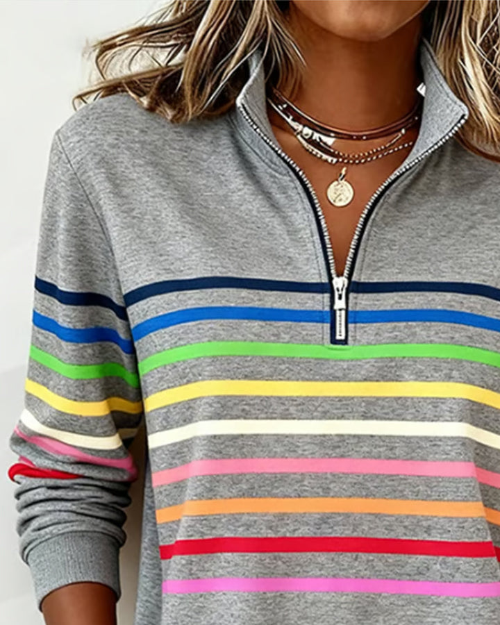 Arcadia | Sweat-shirt pour femme avec demi-fermeture éclair et rayures arc-en-ciel