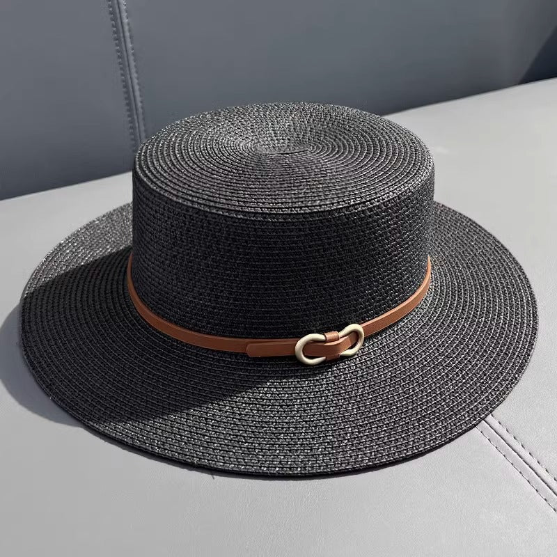 Chapéu de Palha Feminino Plano de Verão com Proteção UV para Uso à Beira-Mar
