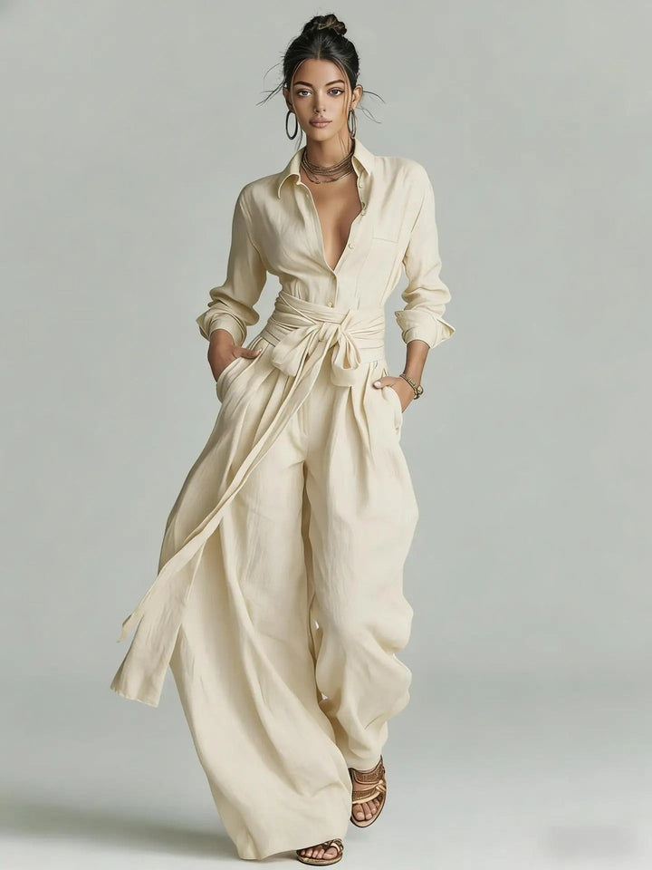 Florence | Women's Cotton-Linen Belted Long-Sleeve Jumpsuit