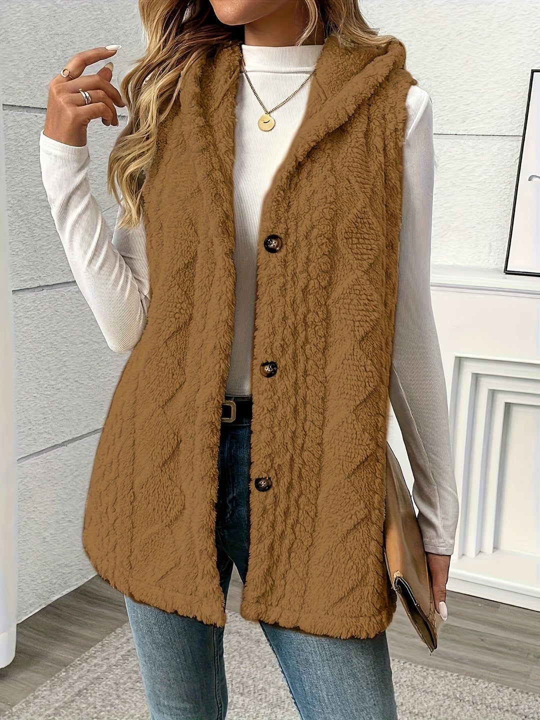 Gilet douillet sans manches à capuche pour femme