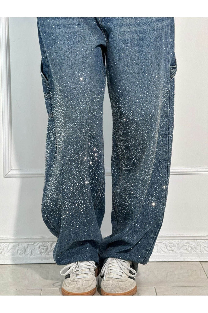 Rhinestone Wide Leg Jeans Sparkling Denim Glam Fashion-MODAUTLET