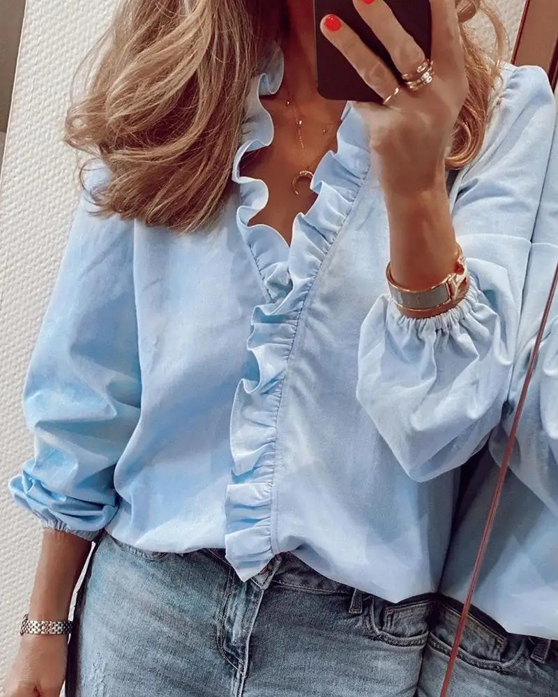 Womens Long Sleeve Ruffled Blouse-MODAUTLET