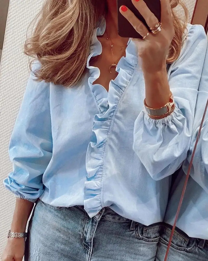 Womens Long Sleeve Ruffled Blouse-MODAUTLET