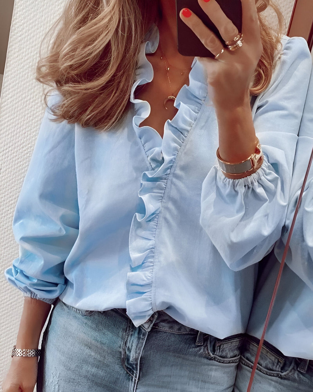 Women's Chic Ruffle-Trim V-Neck Blouse Blue