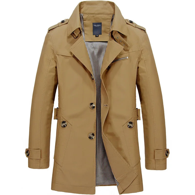 Men's Knee-Length Trench Coat with Belt – Timeless Style & Comfort Khaki