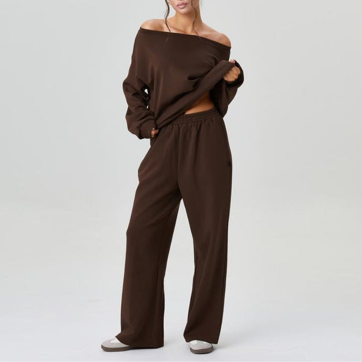 Women's Cozy Off-Shoulder Sweatshirt & Relaxed Wide-Leg Pants Set-MODAUTLET