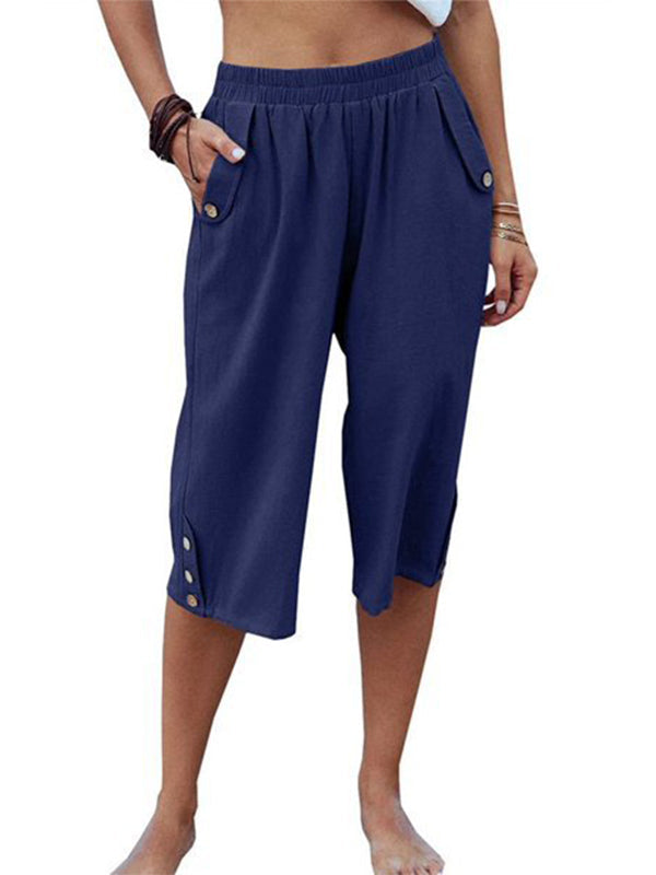 Women's Casual Cotton Elastic Waist Capris