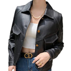 Vintage Leather Jacket For Women Genuine Cowhide Fashion Black