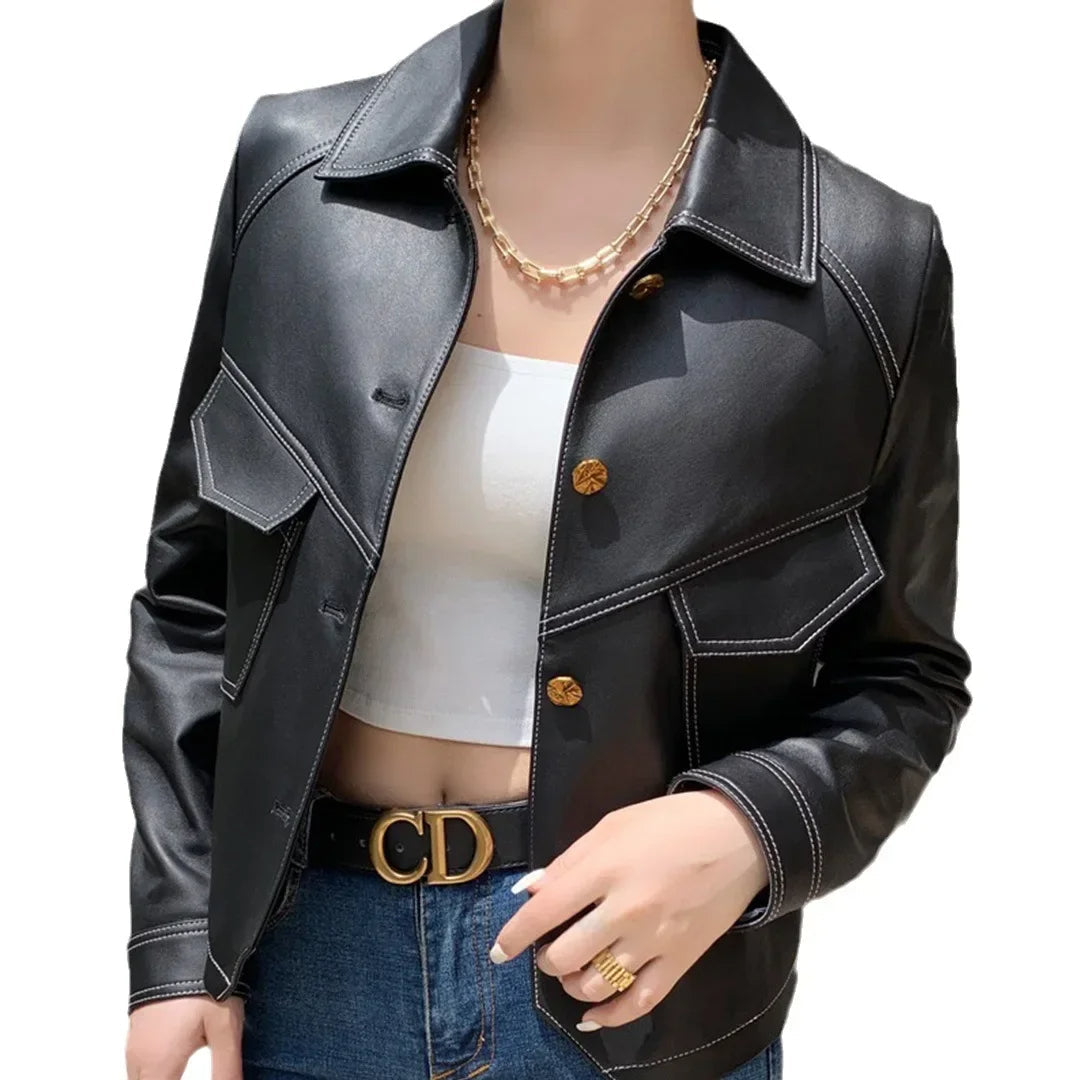 Vintage Leather Jacket For Women Genuine Cowhide Fashion Black