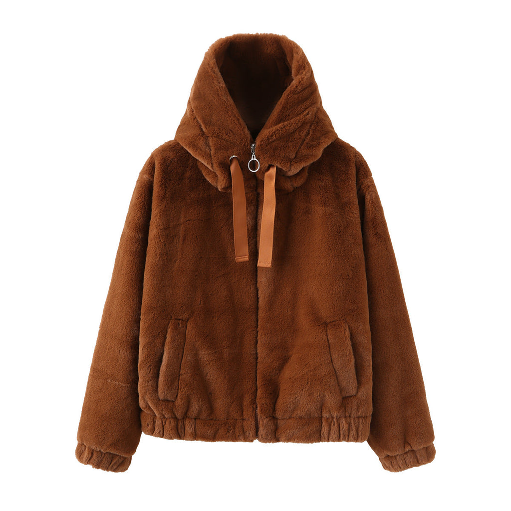 Women Eco Fur Hooded Jacket For Winter Warmth And Style Dark brown