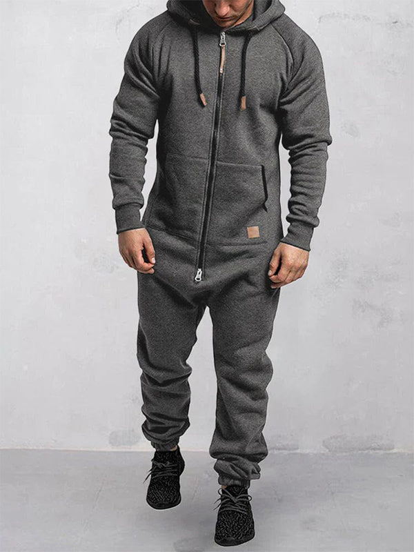 Herren-Jumpsuit aus Fleece mit Kapuze, Reißverschluss und einfarbigem Design