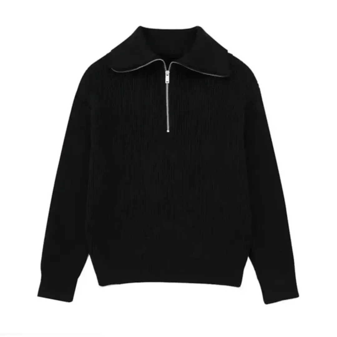 Striped Nordic Zip-Up Sweater Black