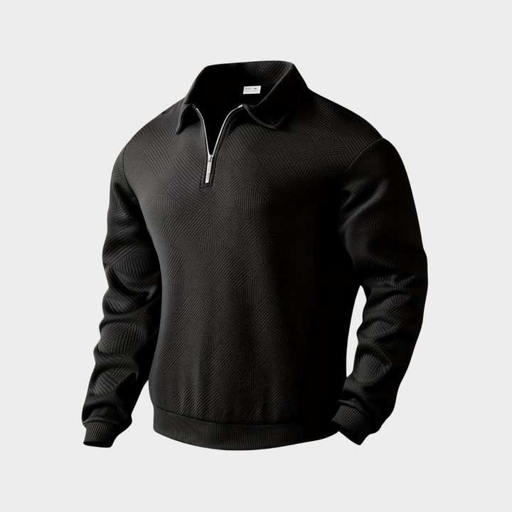 Men's Textured Knit Half-Zip Collared Sweatshirt Black