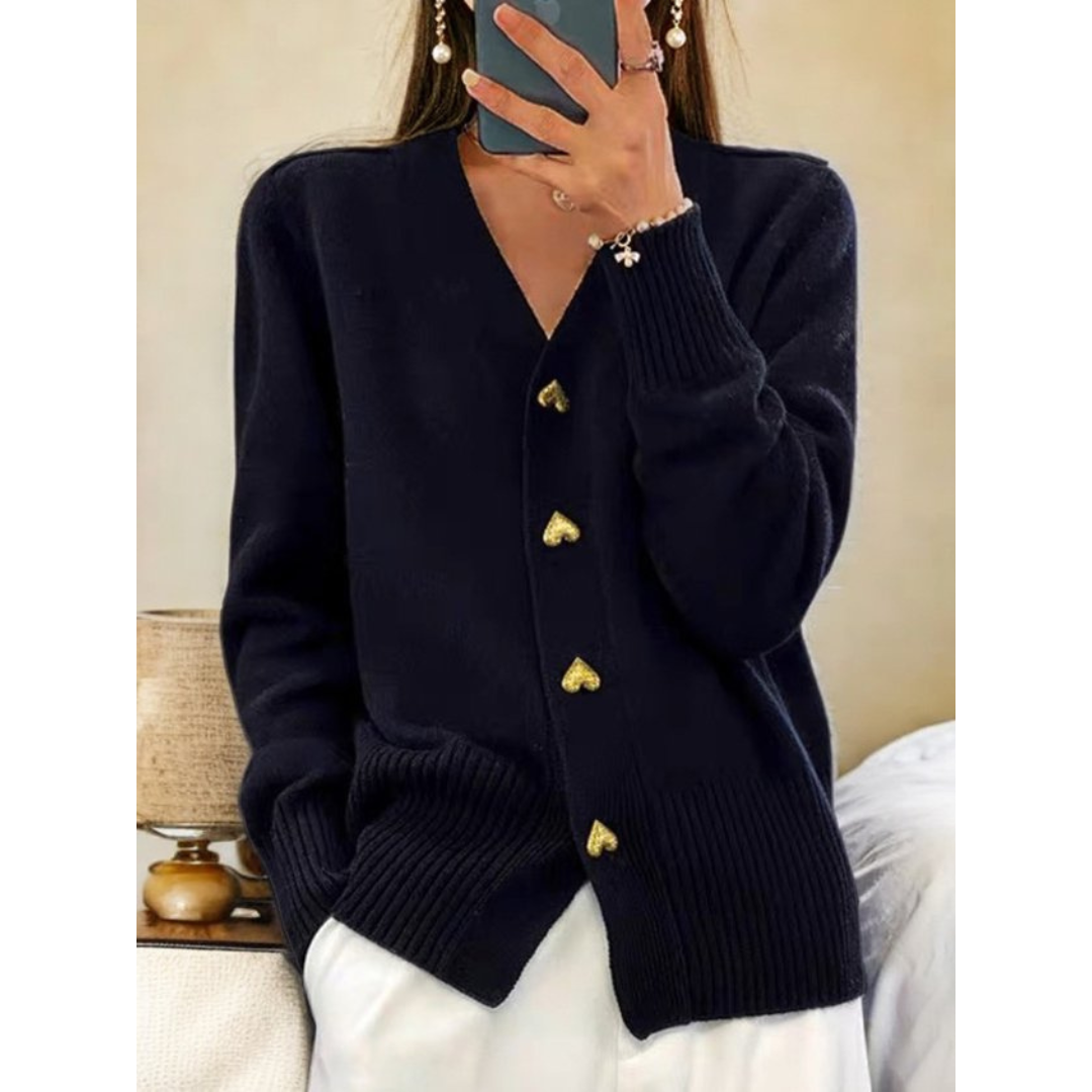 Chic Button-Up Cardigan with Gold Heart Accents-MODAUTLET