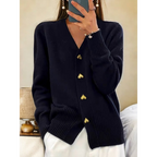 Chic Button-Up Cardigan with Gold Heart Accents Black