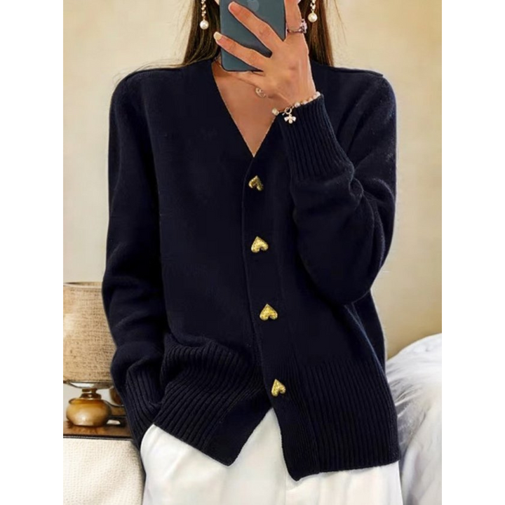 Chic Button-Up Cardigan with Gold Heart Accents-MODAUTLET