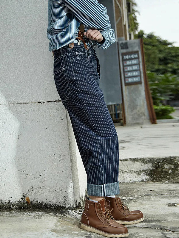 Men's Vintage Striped Straight Denim Suspender Overalls