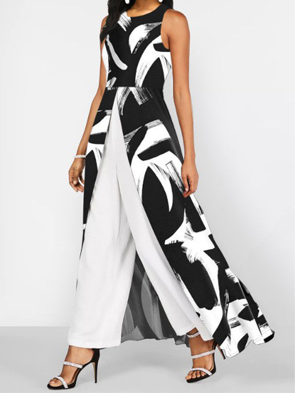 Women's Patchwork Crew Neck Sleeveless Jumpsuit Outfit