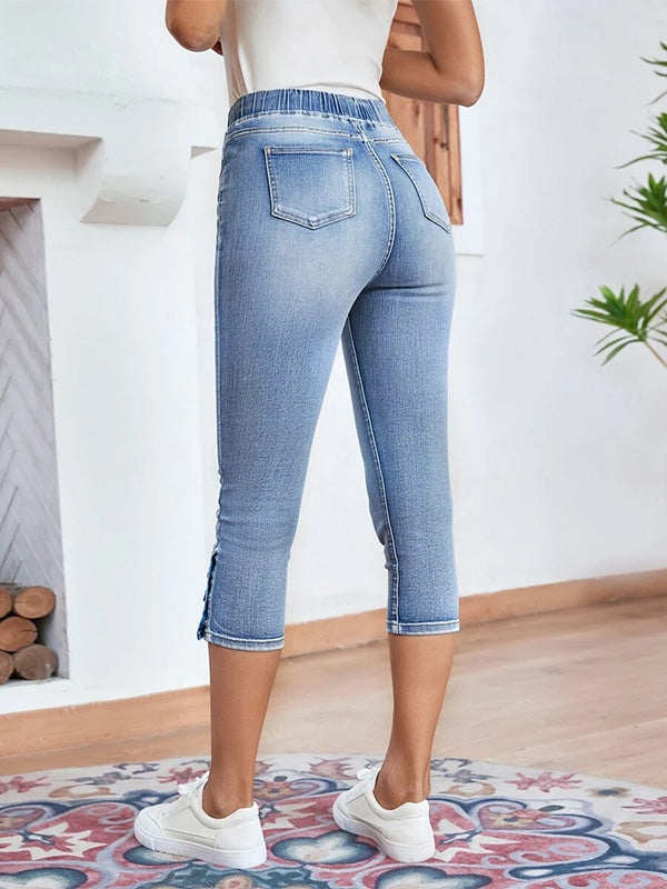 Pantalones Capri de Mezclilla para Mujer con Cintura Elástica y Cordón Ajustable