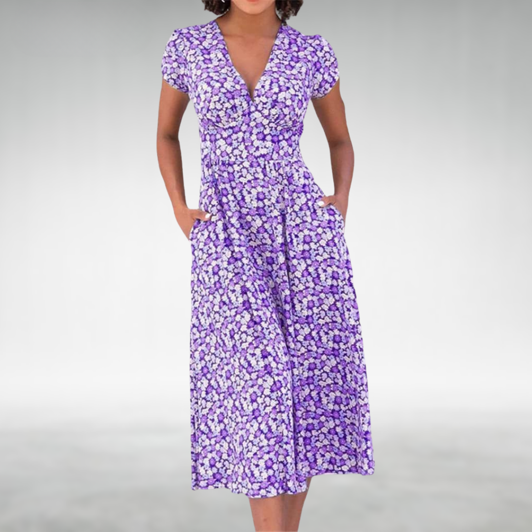Alice | Damen Midikleid mit Blumenmuster, V-Ausschnitt und Tasche