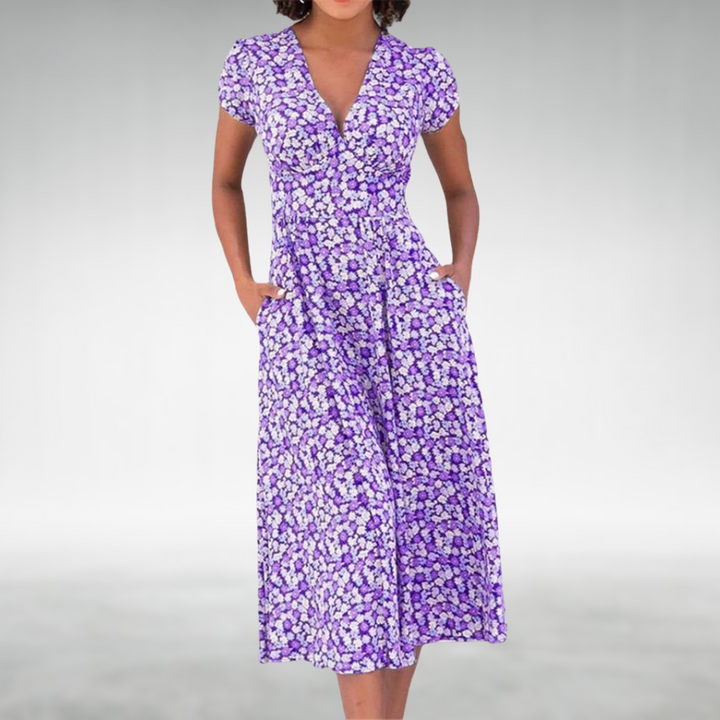 Alice | Damen Midikleid mit Blumenmuster, V-Ausschnitt und Tasche