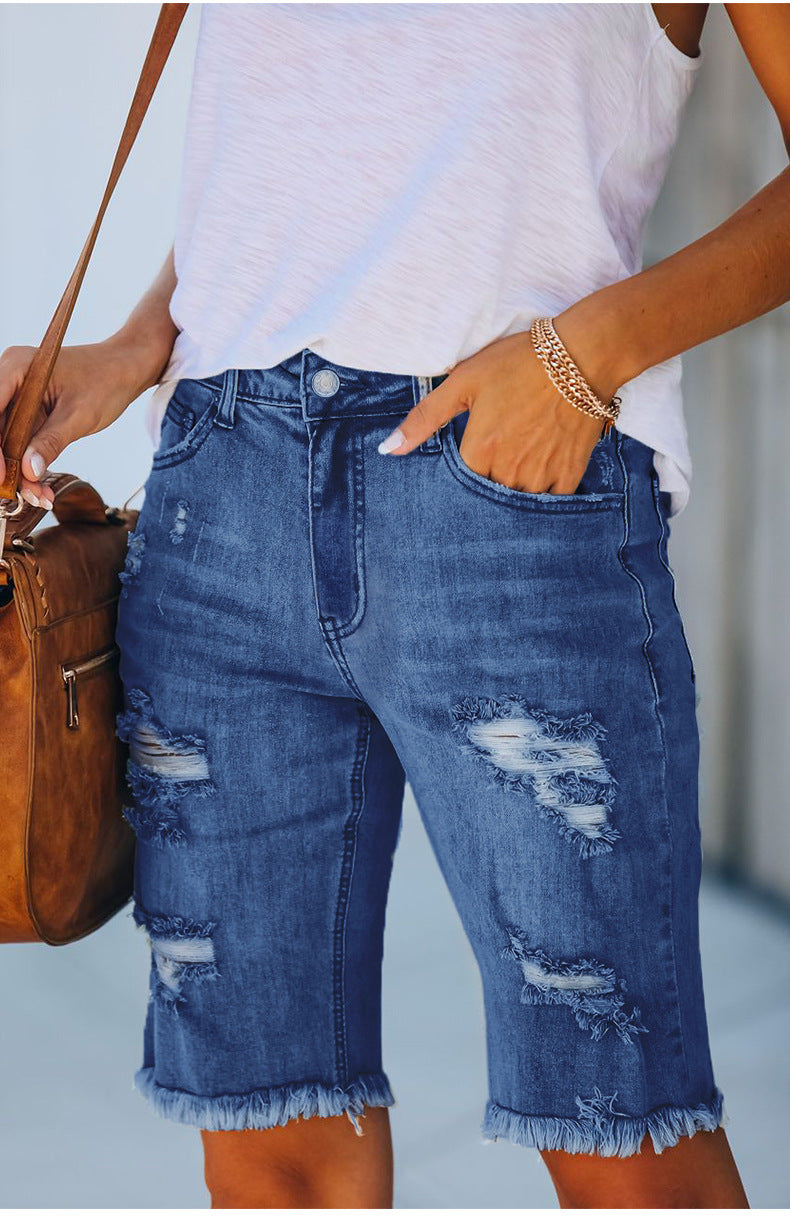 Women's Distressed Ripped Raw Hem Stretchy Denim Shorts