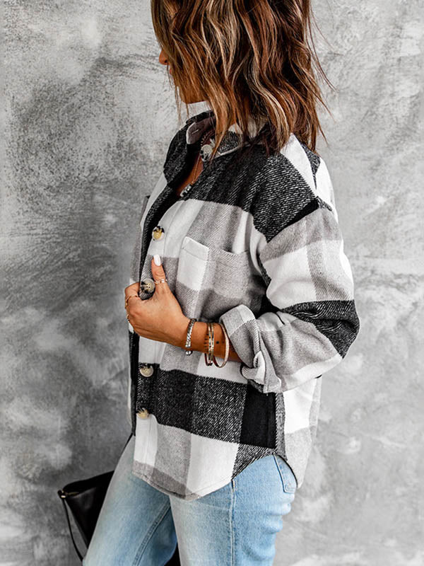 Women's Plaid Buttoned Long Sleeve Shirt Jacket