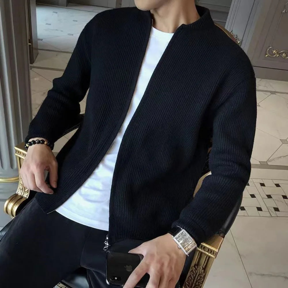 Men's Ribbed Zip-Front Cardigan with Relaxed Fit Black