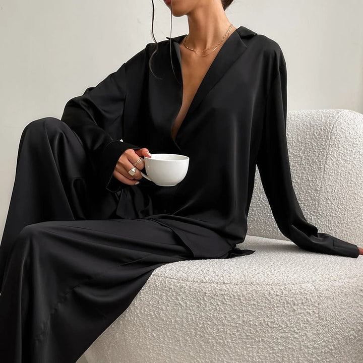 Ultra-Luxe Women’s Silk Wide-Leg Pajama Set-MODAUTLET