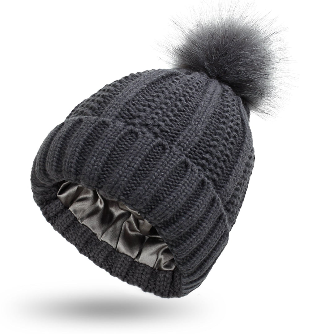 Gorro de punto elegante para mujer con pompón de piel sintética para invierno