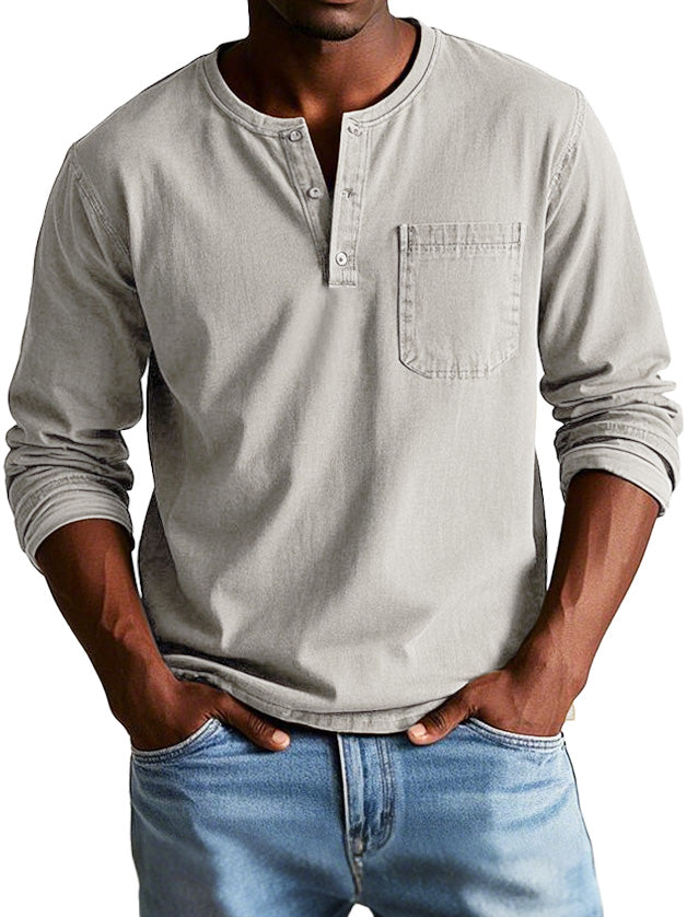 Men's Long Sleeve Henley Shirt with Chest Pocket