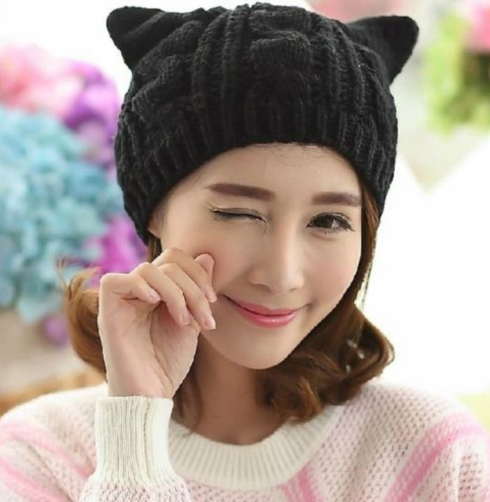 Gorro tejido a mano con orejas de gato 3D lindo para uso en invierno