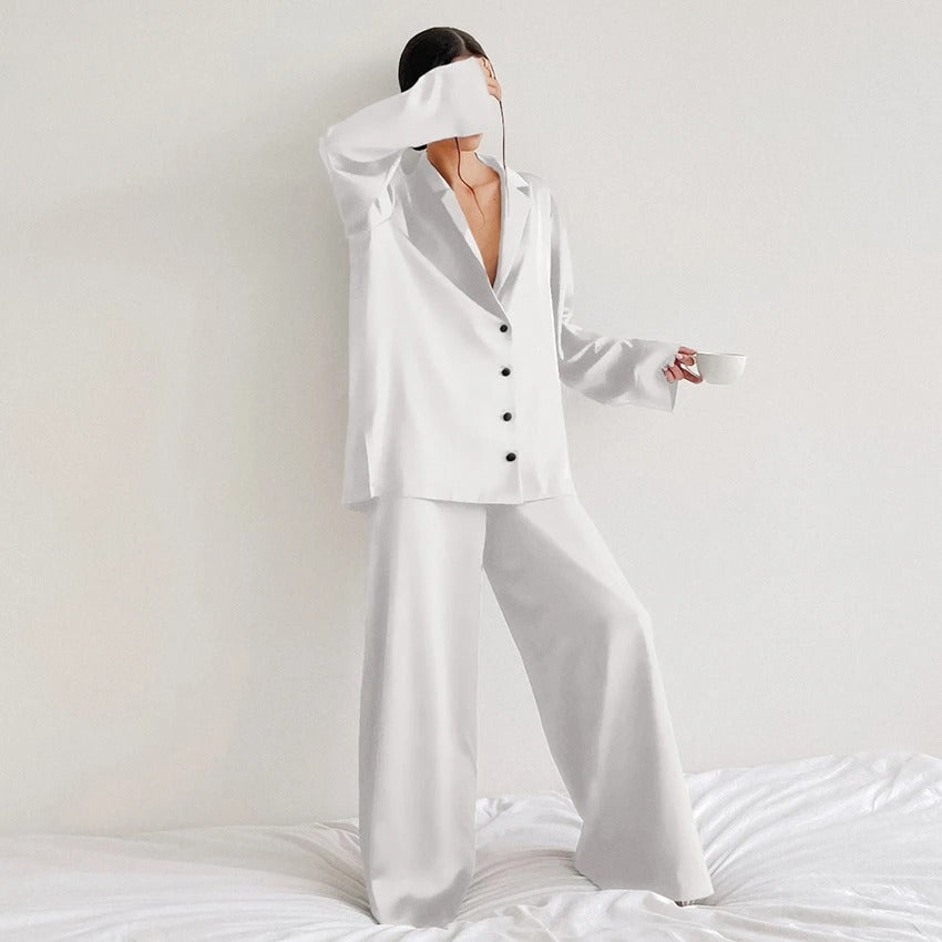Ultra-Luxe Women’s Silk Wide-Leg Pajama Set White