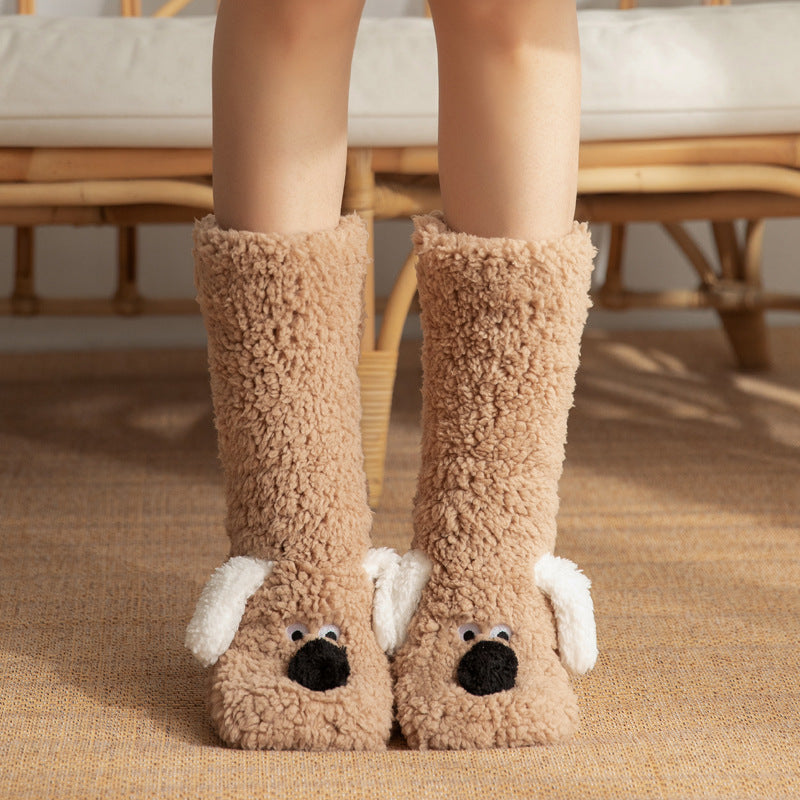 Cozy Cartoon Dog Plush Floor Socks for Women - Non-Slip Winter Warmth Coffee Dog One size