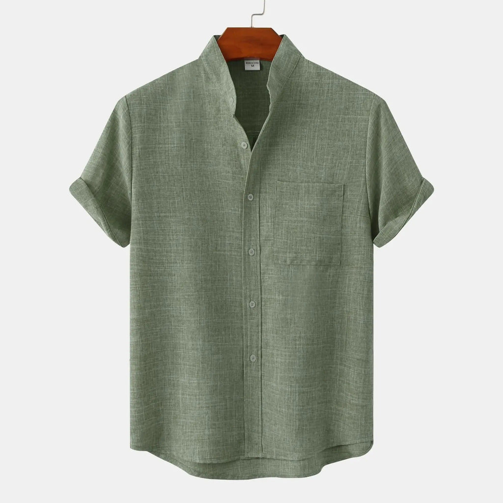 Lightweight Cotton Linen Short Sleeve Shirt Mandarin Collar Green